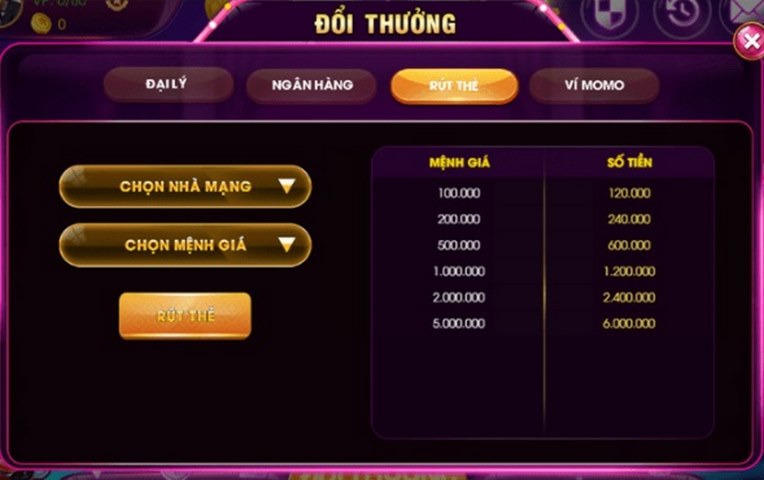 Rút tiền qua thẻ cào tại Ranvip me