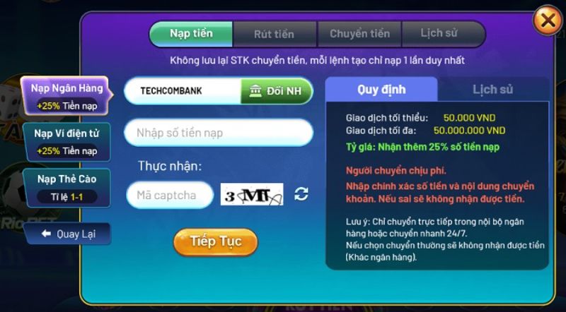 Nạp tiền qua tài khoản Rio66 rất đơn giản