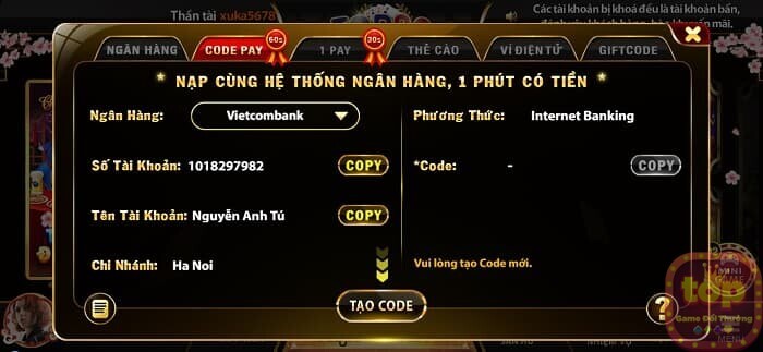 Nạp tiền Top88 qua Code Pay cực nhanh gọn